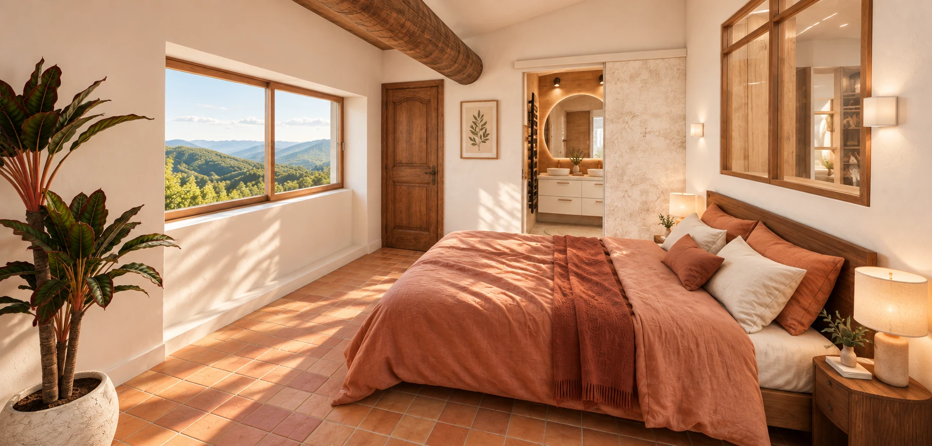 Suite parentale terracotta avec vue sur le paysage